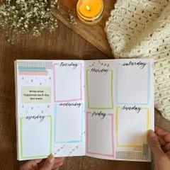 A weekly reflection page from the custom journals, providing a simple structure for daily documentation.