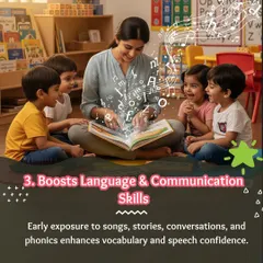 (Image) Language and communication skills are boosted through daily exposure to songs, stories, and conversations. I work to enhance vocabulary and build speech confidence in every child.