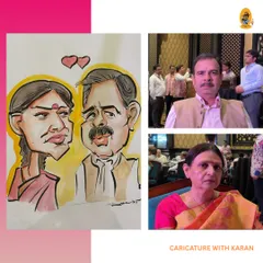 This collage shows the real-life couple and the colorful caricature I created for them. My goal is to capture their personalities with a touch of humor and a lot of heart.