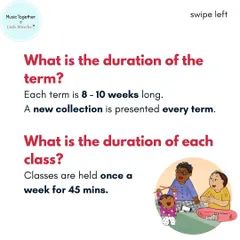 Here are some details on the structure of our program. Each term runs for 8 to 10 weeks, with a new song collection each time, and classes are held once a week for 45 minutes.