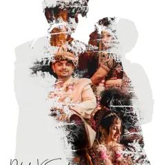 A creative double-exposure style wedding collage, blending portraits of the bride and groom into a single artistic image.