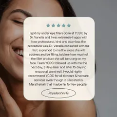 A testimonial from a happy patient, Priyadarshini, who was extremely pleased with her under-eye filler procedure performed by Dr. Vanella. She highlights the professional and seamless experience.
