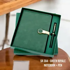 The "Green Royale" notebook and pen set is a classic and elegant corporate gift. The rich green faux-leather diary with a stylish clasp comes paired with a matching pen, all presented in a sophisticated gift box.
