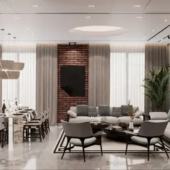 A wider view of this modern living room, showcasing the seamless flow between the seating area and the dining space. The layout is designed to feel open and airy, with large windows, track lighting, and a cohesive material palette creating a unified and sophisticated environment.