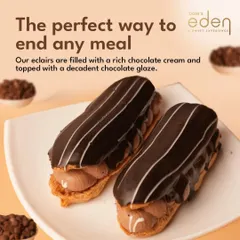 The perfect way to end any meal. Our classic chocolate eclairs are filled with a rich chocolate cream and topped with a decadent glaze.