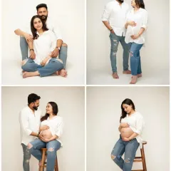 A collage showcasing a casual "jeans and white shirt" themed maternity shoot. It captures a variety of sweet solo and couple poses in a bright studio setting.