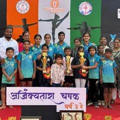 Our young Mallakhamb athletes with their trophies from the Ajinkyatara Chasak competition. We have teams competing from U-10 to U-18.