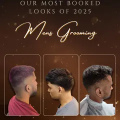 A look at our most-booked men's grooming styles of the year. This collage features a variety of modern cuts, including fades and creative colour.