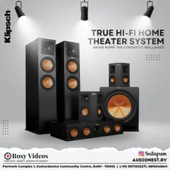 This graphic showcases a Klipsch True Hi-Fi Home Theater System. We use visuals like this to help clients understand the different components that make up a complete surround sound setup.
