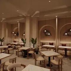 A modern and elegant restaurant interior defined by soft, neutral tones, arched wall niches, and minimalist pendant lighting. The clean lines and uncluttered space planning create a sophisticated and calm dining experience.