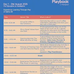 Here is the detailed agenda for Day 1 of The Playbook, designed for educators and facilitators. The day is packed with everything from an opening keynote on the science of play to hands-on sessions on music in learning and storytelling as pedagogy.