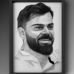 A framed pencil portrait of a smiling Virat Kohli. This piece captures a lighter moment, showcasing the versatility of portraiture to reflect different moods and expressions.
