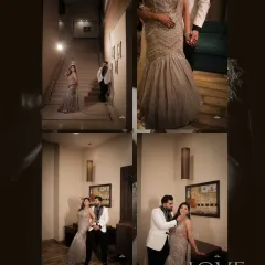 A collage of four images from an indoor shoot, showcasing the couple in various romantic and glamorous poses within a modern, elegant space.