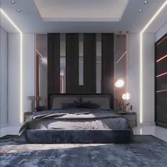 This bedroom showcases a striking design with vertical mirrored and fluted panels behind the bed. We used integrated LED strips along the walls and ceiling to create a futuristic and ambient lighting effect, complemented by a plush velvet bed.