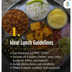 This is what an ideal lunch looks like in my program. A balanced thali with all six tastes, eaten mindfully between 12 PM and 2 PM when your digestion is strongest. It's about nourishing your body with warm, cooked, seasonal food, not just counting calories.