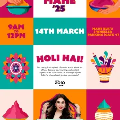 The official event poster for "Rang De Mahe '25," the huge Holi celebration at Manipal University's Bangalore campus where I was the featured DJ.