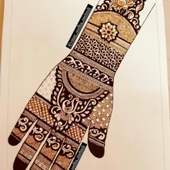 This intricate paper design combines various filler patterns like jaali, checks, and floral elements. Our basic course covers all these essential techniques for creating rich, detailed mehndi.