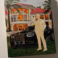 Here, I've started blocking in the major elements. The house is taking shape, and I've painted the black Rolls Royce, leaving the figure of the man to be detailed later.