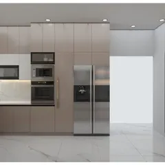 A visualization of a kitchen with a tall unit housing a built-in oven and microwave. This vertical arrangement is ergonomic and frees up valuable counter space.