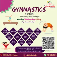 Our gymnastics program for kids aged 3 to 15 focuses on flexibility and strength. This poster outlines the skills they will learn, from handstands to back handsprings.