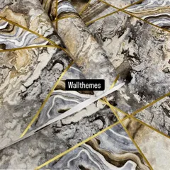 A close-up of a grey and beige marble-effect wallpaper with intersecting gold lines, showing the intricate details.