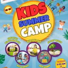 Plan your child's summer with us. This poster highlights our camp batches for April and May, along with the core activity pillars: Creative Photography, Kids Yoga, Art & Craft, Desi Games, and Story Quest.