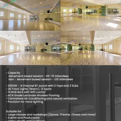 Meet Studio MAX, our 2000 sq. ft. powerhouse. It's built for large classes, workshops, and productions with a capacity for 60-70 dancers, a pro sound system, and a full lighting grid.