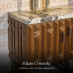 The Palais Console is our tribute to the Art Déco movement. Its design features intricate geometric patterns etched into warm-toned wood, topped with a natural marble slab. This piece is a sculptural object that bridges past elegance with modern sensibilities.