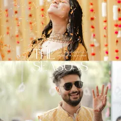 A split image showing the bride in a shower of flower petals and the groom smiling. This artistic shot captures the essence of the Haldi ceremony, full of blessings and happiness.