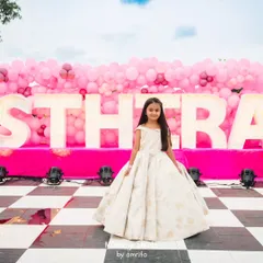 Here is the birthday princess herself, dressed in a beautiful ball gown in front of a custom backdrop with her name in marquee letters. I work to make every child the star of their own party.