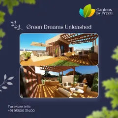 We believe in unleashing green dreams. This collage showcases two views of a terrace design featuring a brick accent wall and a wooden pergola, creating a warm and sunny space for lounging and dining.