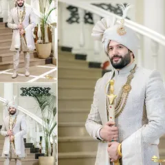 A stylish collage of the groom in his regal white sherwani, complete with a traditional sword, capturing his confident and royal look.