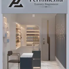 This is a 3D design for the entrance of 'Perfumezila', a luxury fragrance boutique. The design immediately establishes a high-end feel with its clean marble floors, custom display counter, and elegant branding.