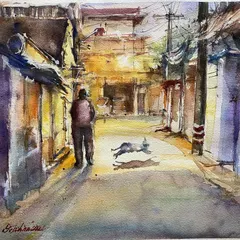 A watercolor painting of a silent, dark lane at night. I've always wanted to capture the mystery and quiet beauty of night scenes, with their long shadows and soft light.