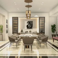 A formal dining room that exudes sophistication. The design features a marble-inlay floor, custom glass cabinetry for storage, and statement pendant lighting, creating a refined setting for hosting dinner parties.