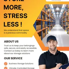 Store more and stress less with our comprehensive business storage solutions. This brochure-style image outlines our services, including climate-controlled storage and moving supplies.