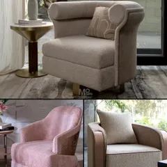 Another view of our armchair curation, featuring pieces with bold, rounded forms. The harmony of ivories, warm neutrals, and soft pinks ensures each armchair adapts effortlessly to both subtle and bold interiors.
