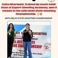 Saina Bharwani showcasing her 5 medals from the 40th Delhi State Shooting Championship. Her consistent performance is an inspiration to everyone at the academy.