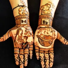 Celebrating a new beginning with special baby shower mehndi. This custom design includes portraits of the expecting parents, a baby in a cradle, and cute elephants, making it a unique and memorable part of the godh bharai ceremony.
