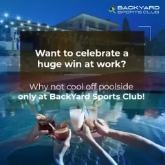 An advertisement suggesting our poolside area as the perfect location for corporate teams to celebrate a big win at work.