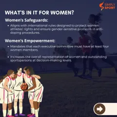 A core part of our advocacy is gender equality. This infographic details how new sports reforms benefit women by mandating female representation on executive committees and aligning with international rules for athlete protection.