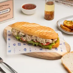 A duplicate shot of my Pulled Chicken Pan Bagnat, a hearty sandwich filled with spicy chicken and crisp veggies.