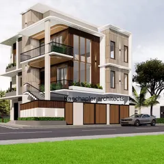 This view showcases the corner elevation of the residential project, emphasizing its street presence and landscape integration. The design balances privacy with openness, a key aspect of modern urban living.