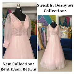 This elegant light pink gown is perfect for a reception or engagement party. It features a beaded bodice and sheer bishop sleeves for a touch of romance.
