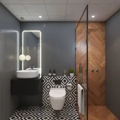 This bathroom design proves that small spaces can be luxurious. The mix of wooden-textured tiles in the shower, bold black and white mosaic floor, and dark grey walls creates a unique and stylish look.