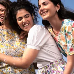 A candid, happy moment from the same shoot. We were styled in beautiful floral tops and skirts from their summer collection.