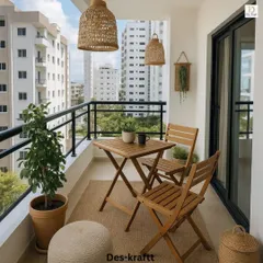 We believe in creating outdoor extensions of your home. This cozy balcony setup with natural wood furniture and wicker lighting is perfect for urban living.
