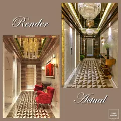 We believe in precision from concept to completion. This comparison shows how our initial 3D render for a luxury corridor, with its geometric marble flooring and statement lighting, was executed with meticulous attention to detail in the final build.