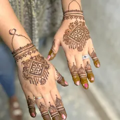 A chic and modern design for the back of the hands. This style features a geometric pattern that resembles a piece of jewelry, with a delicate chain connecting to the finger.