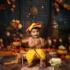 My heart feels full when we do these special Janmashtami shoots. Seeing this little one as Krishna, with his happy smile and all the traditional details, is a blessing. We create these beautiful setups to celebrate our dharam and culture.